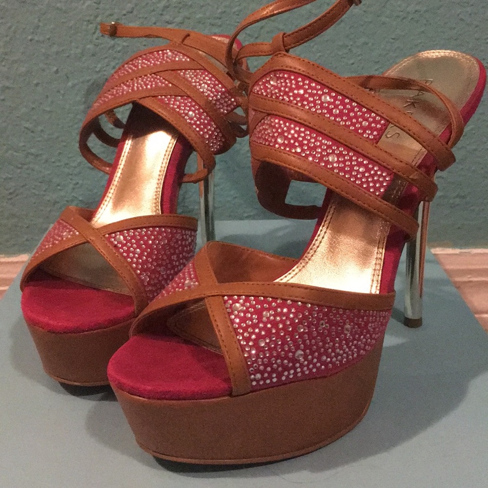 Pink Rhinestone open toes high heel shoes size 8.5